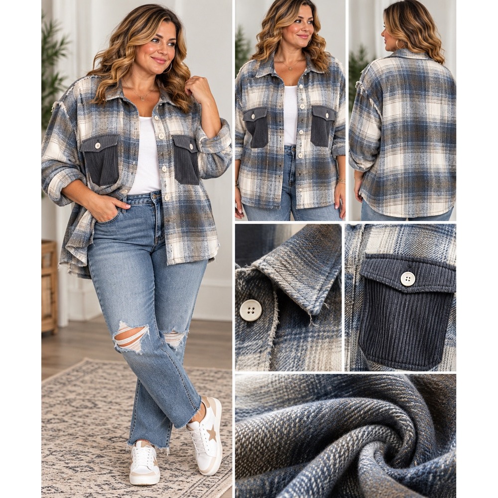 Polygram 2XL Plaid Shacket Distressed Oversized Cottagecore Boho Shacket